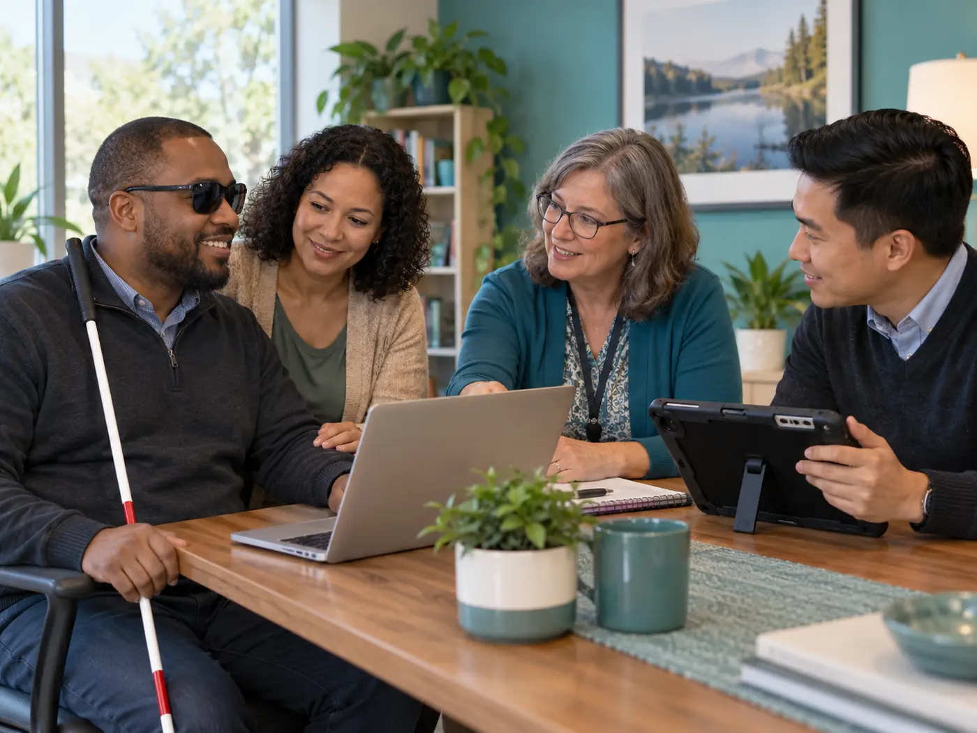A blind adult with a white cane collaborates with a family member, educator and rehabilitation professional around accessible technology.