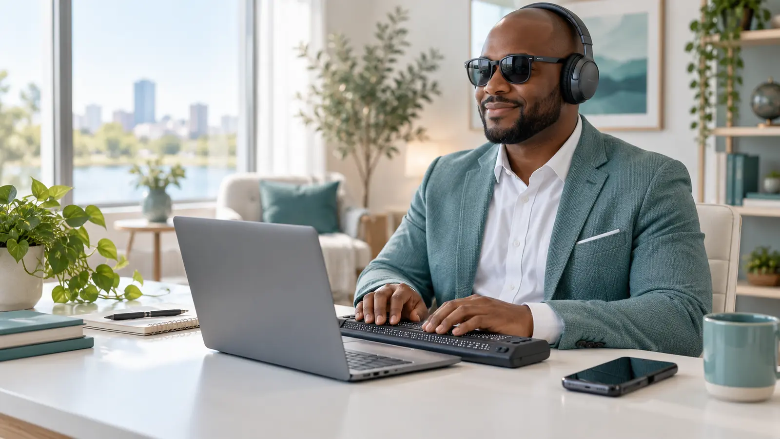A blind professional uses a laptop and refreshable Braille display at a bright office desk.